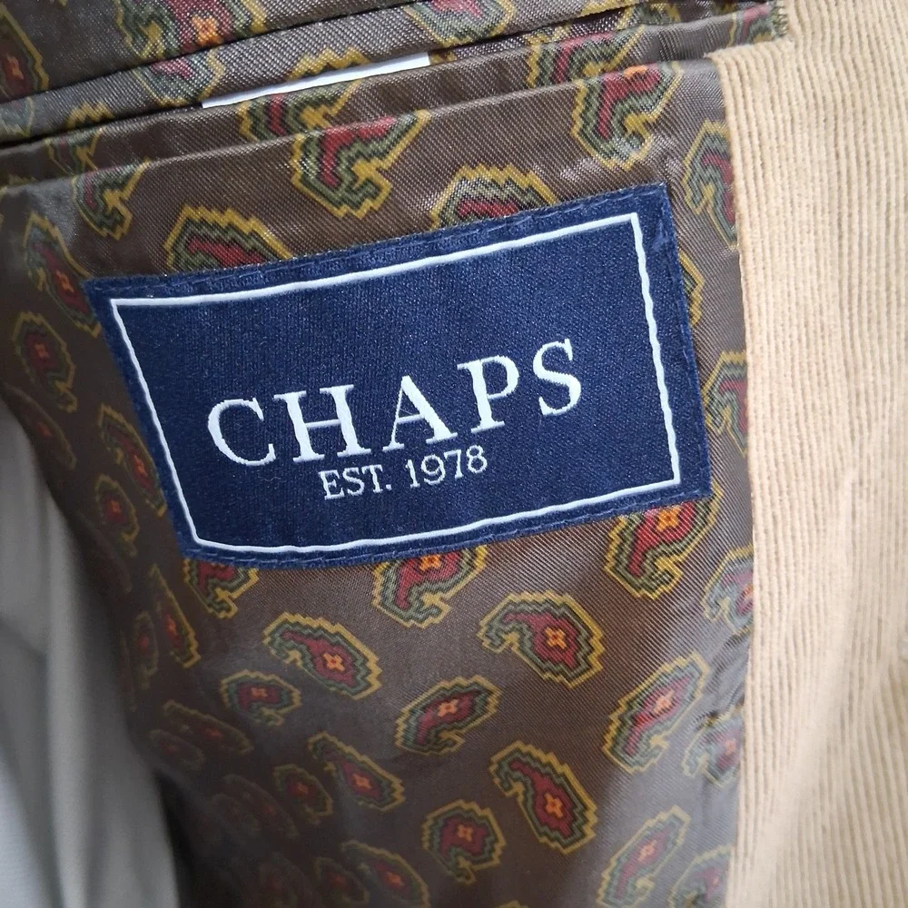 Chaps Blazer Mens 44R Solid Tan Corduroy Sport Coat Elbow Patches Paisley Lining